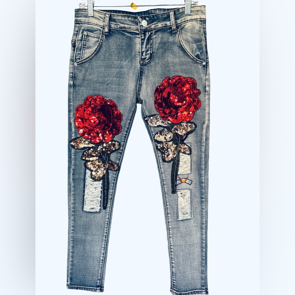 Sequin Rose Embellished Skinny Blue Denim Jeans Size 30